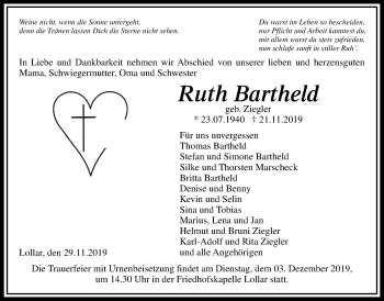 Traueranzeige von Ruth Bartheld von Giessener Allgemeine, Alsfelder Allgemeine