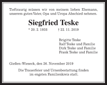 Traueranzeige von Siegfried Teske von Giessener Allgemeine, Alsfelder Allgemeine