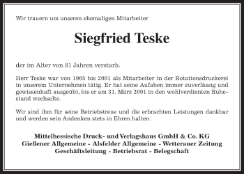 Traueranzeige von Siegfried Teske von Giessener Allgemeine, Alsfelder Allgemeine