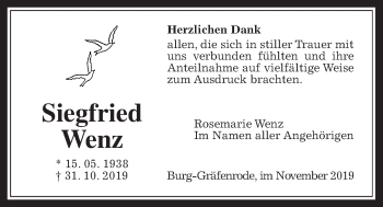 Traueranzeige von Siegfried Wenz von Wetterauer Zeitung