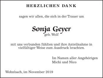 Traueranzeige von Sonja Geyer von Wetterauer Zeitung