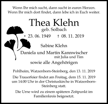 Traueranzeige von Thea Klehn von Giessener Allgemeine, Alsfelder Allgemeine