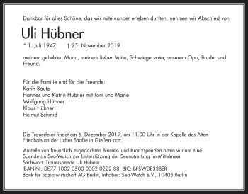 Traueranzeige von Uli Hübner von Giessener Allgemeine, Alsfelder Allgemeine