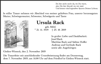 Traueranzeige von Ursula Rack von Giessener Allgemeine, Alsfelder Allgemeine