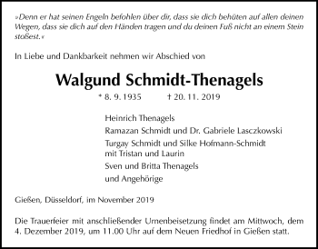 Traueranzeige von Walgund Schmidt-Thenagels von Giessener Allgemeine, Alsfelder Allgemeine