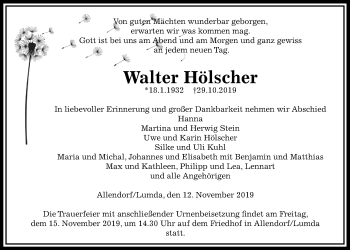 Traueranzeige von Walter Hölscher von Giessener Allgemeine, Alsfelder Allgemeine