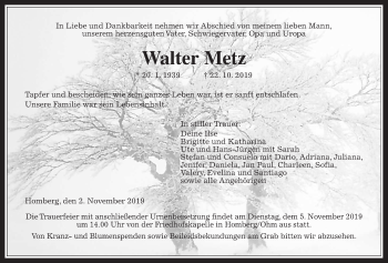 Traueranzeige von Walter Metz von Alsfelder Allgemeine