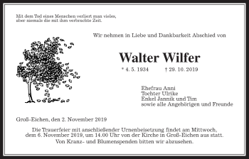 Traueranzeige von Walter Wilfer von Giessener Allgemeine, Alsfelder Allgemeine