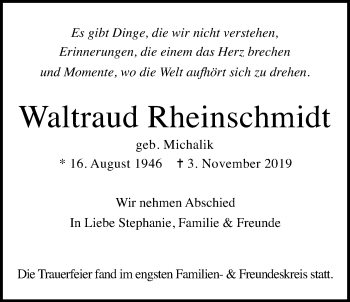 Traueranzeige von Waltraud Rheinschmidt von Wetterauer Zeitung
