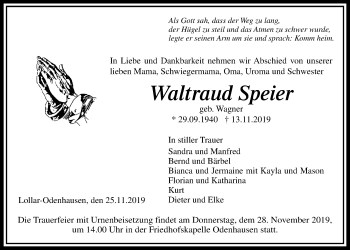Traueranzeige von Waltraud Speier von Giessener Allgemeine, Alsfelder Allgemeine