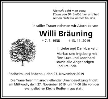Traueranzeige von Willi Bräuning von Giessener Allgemeine, Alsfelder Allgemeine