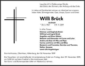 Traueranzeige von Willi Brück von Giessener Allgemeine, Alsfelder Allgemeine