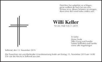 Traueranzeige von Willi Keller von Giessener Allgemeine, Alsfelder Allgemeine