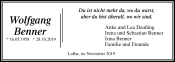 Traueranzeige von Wolfgang Benner von Giessener Allgemeine, Alsfelder Allgemeine