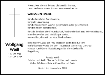 Traueranzeige von Wolfgang Weiß von Giessener Allgemeine, Alsfelder Allgemeine