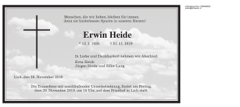 Traueranzeige von Erwin Heide von Giessener Allgemeine, Alsfelder Allgemeine