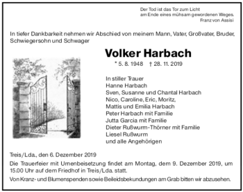 Traueranzeige von Volker Harbach von Wetterauer Zeitung