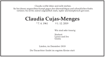 Traueranzeige von Claudia Cujas-Menges von Gießener Allgemeine Zeitung und Alsfelder