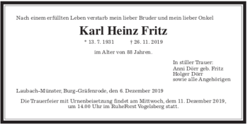 Traueranzeige von Karl Heinz Fritz von Wetterauer Zeitung