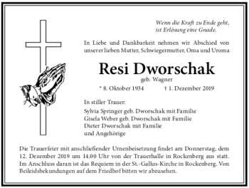 Traueranzeige von Resi Dworschak von Wetterauer Zeitung