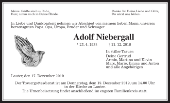 Traueranzeige von Adolf Niebergall von Giessener Allgemeine, Alsfelder Allgemeine