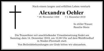 Traueranzeige von Alexandra Oehler von Wetterauer Zeitung