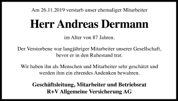Traueranzeige von Andreas Dermann von Wetterauer Zeitung, Giessener Allgemeine, Alsfelder Allgemeine