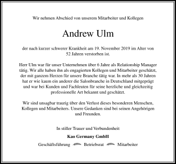 Traueranzeige von Andrew Ulm von Wetterauer Zeitung, Giessener Allgemeine, Alsfelder Allgemeine