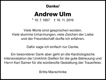 Traueranzeige von Andrew Ulm von Giessener Allgemeine, Alsfelder Allgemeine