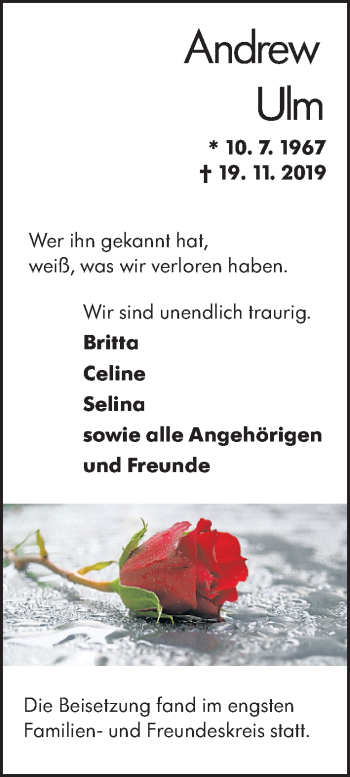 Traueranzeige von Andrew Ulm von Giessener Allgemeine, Alsfelder Allgemeine