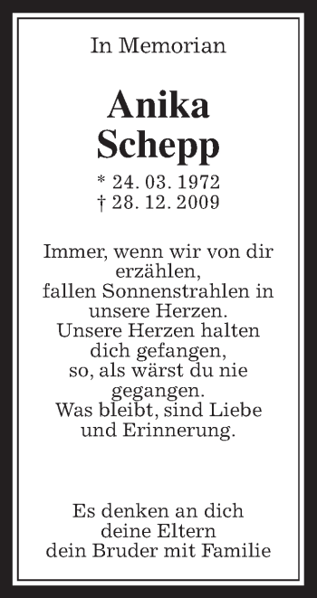 Traueranzeige von Anika Schepp von Giessener Allgemeine, Alsfelder Allgemeine