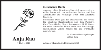 Traueranzeige von Anja Rau von Allendorfer Mitteilungen