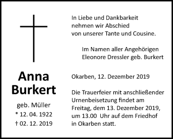 Traueranzeige von Anna Burkert von Bad Vilbel/Karben