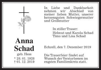 Traueranzeige von Anna Schad von Wetterauer Zeitung