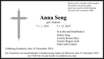 Traueranzeige von Anna Seng von Giessener Allgemeine, Alsfelder Allgemeine