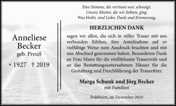 Traueranzeige von Anneliese Becker von Pohlheimer Nachrichten