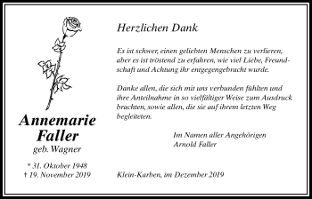 Traueranzeige von Annemarie Faller von Bad Vilbel/Karben