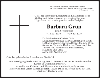 Traueranzeige von Barbara Grün von Giessener Allgemeine, Alsfelder Allgemeine