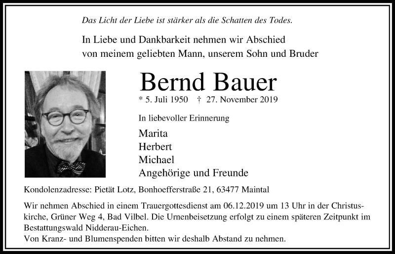  Traueranzeige für Bernd Bauer vom 05.12.2019 aus Bad Vilbel/Karben