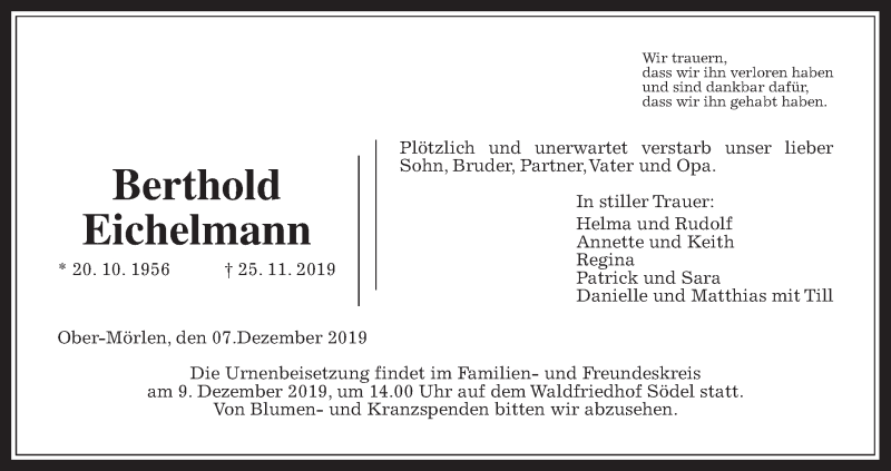  Traueranzeige für Berthold Eichelmann vom 07.12.2019 aus Wetterauer Zeitung