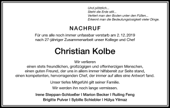 Traueranzeige von Christian Kolbe von Bad Vilbel/Karben