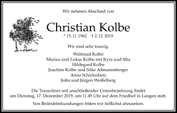 Traueranzeige von Christian Kolbe von Bad Vilbel/Karben