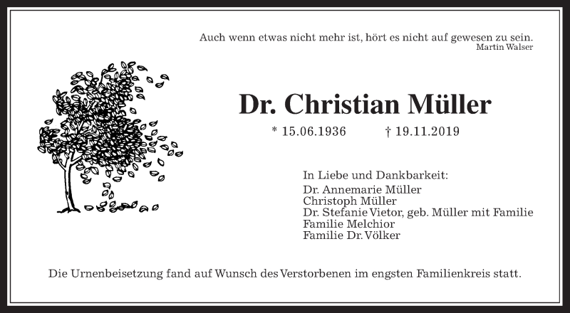  Traueranzeige für Christian Müller vom 03.12.2019 aus Wetterauer Zeitung