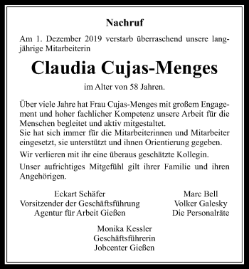 Traueranzeige von Claudia Cujas-Menges von Giessener Allgemeine, Alsfelder Allgemeine
