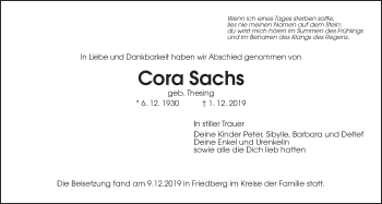 Traueranzeige von Cora Sachs von Wetterauer Zeitung