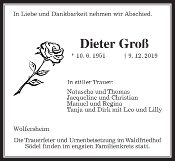 Traueranzeige von Dieter Groß von Wetterauer Zeitung