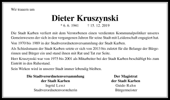 Traueranzeige von Dieter Kruszynski von Wetterauer Zeitung