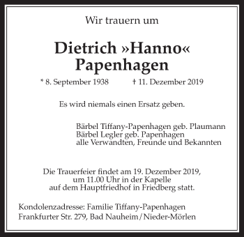 Traueranzeige von Dietrich Papenhagen von Wetterauer Zeitung