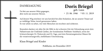 Traueranzeige von Doris Briegel von Pohlheimer Nachrichten