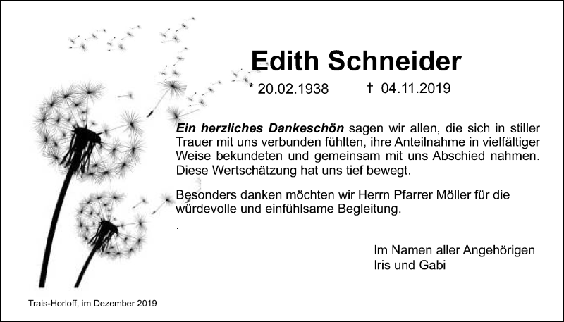  Traueranzeige für Edith Schneider vom 12.12.2019 aus Licher Wochenblatt